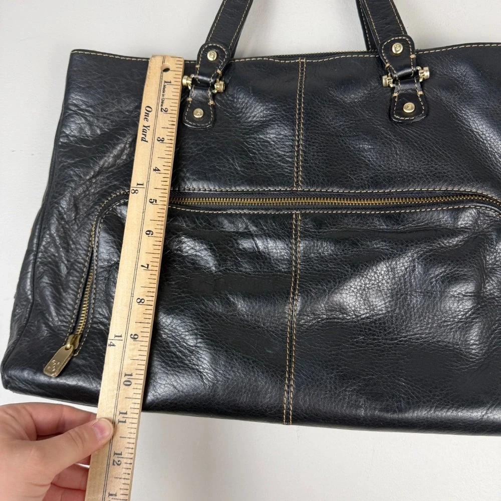 Liz Claiborne Briefcase Tote Bag Women's Black Leather Contrast Stitch Front Zip